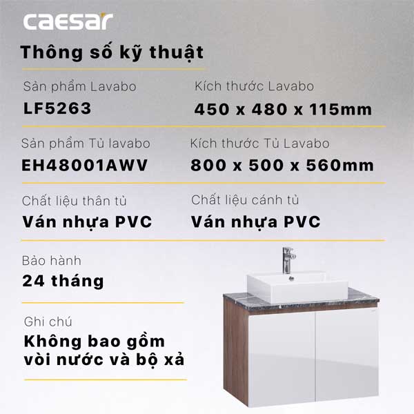 Bộ Tủ Chậu Lavabo Treo Tường Caesar LF5263 + EH48001AWV 4 Bộ Tủ Chậu Lavabo Treo Tường Caesar LF5263 + EH48001AWV